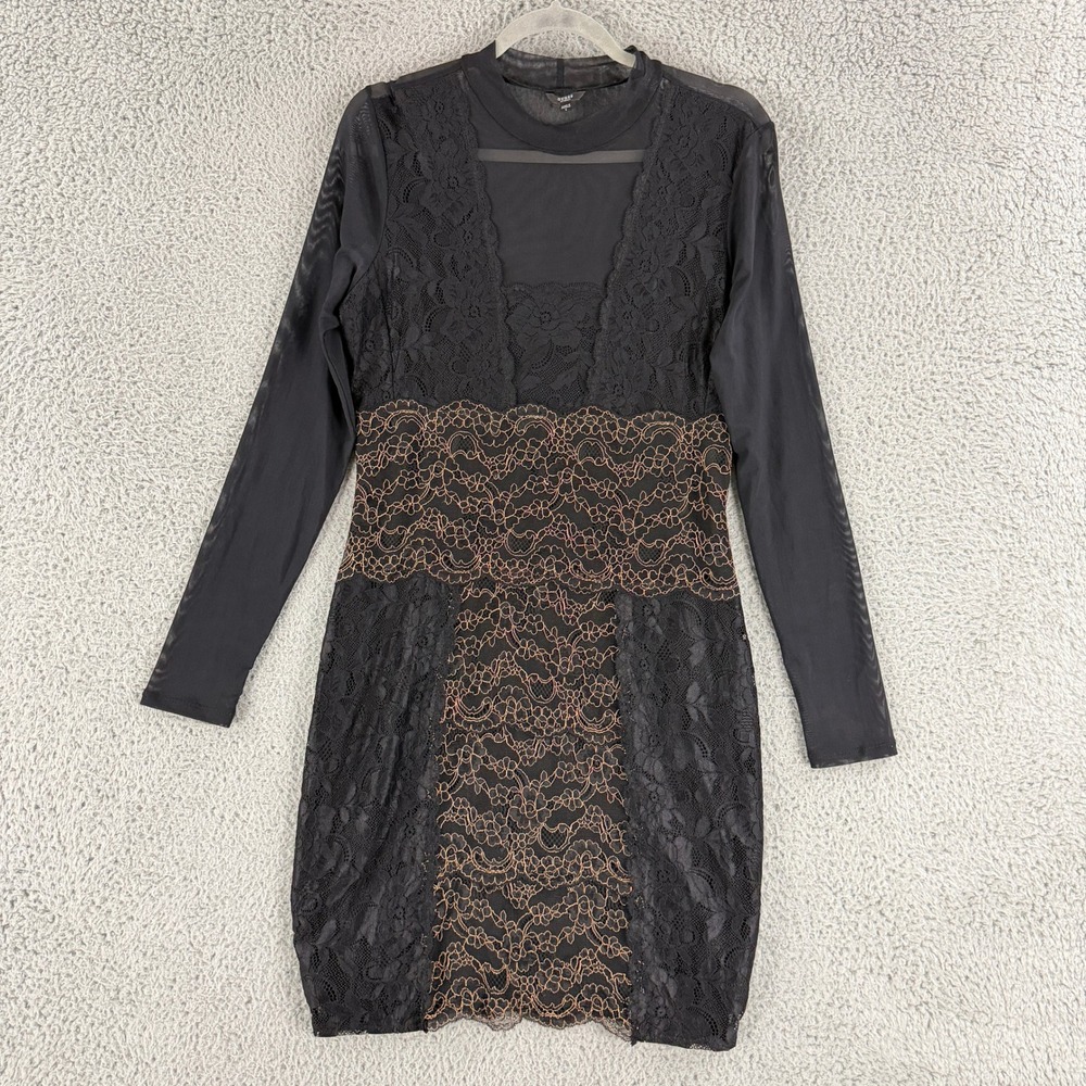 Guess Dress Womens L Black Lace Mesh Bodycon Mock Neck Long Sleeve Romantic Goth